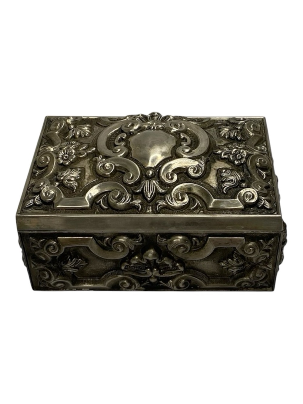 Vintage Ornate Silver Plated Jewelry Box Red Velvet Lined Trinket Casket